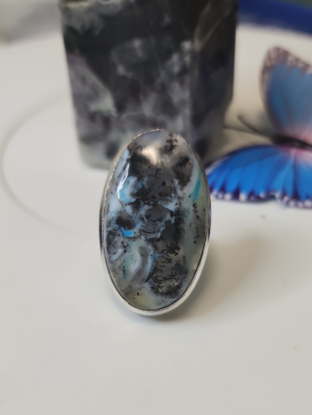 Handcrafted Black & Blue Dendritic Agate Oval Ring